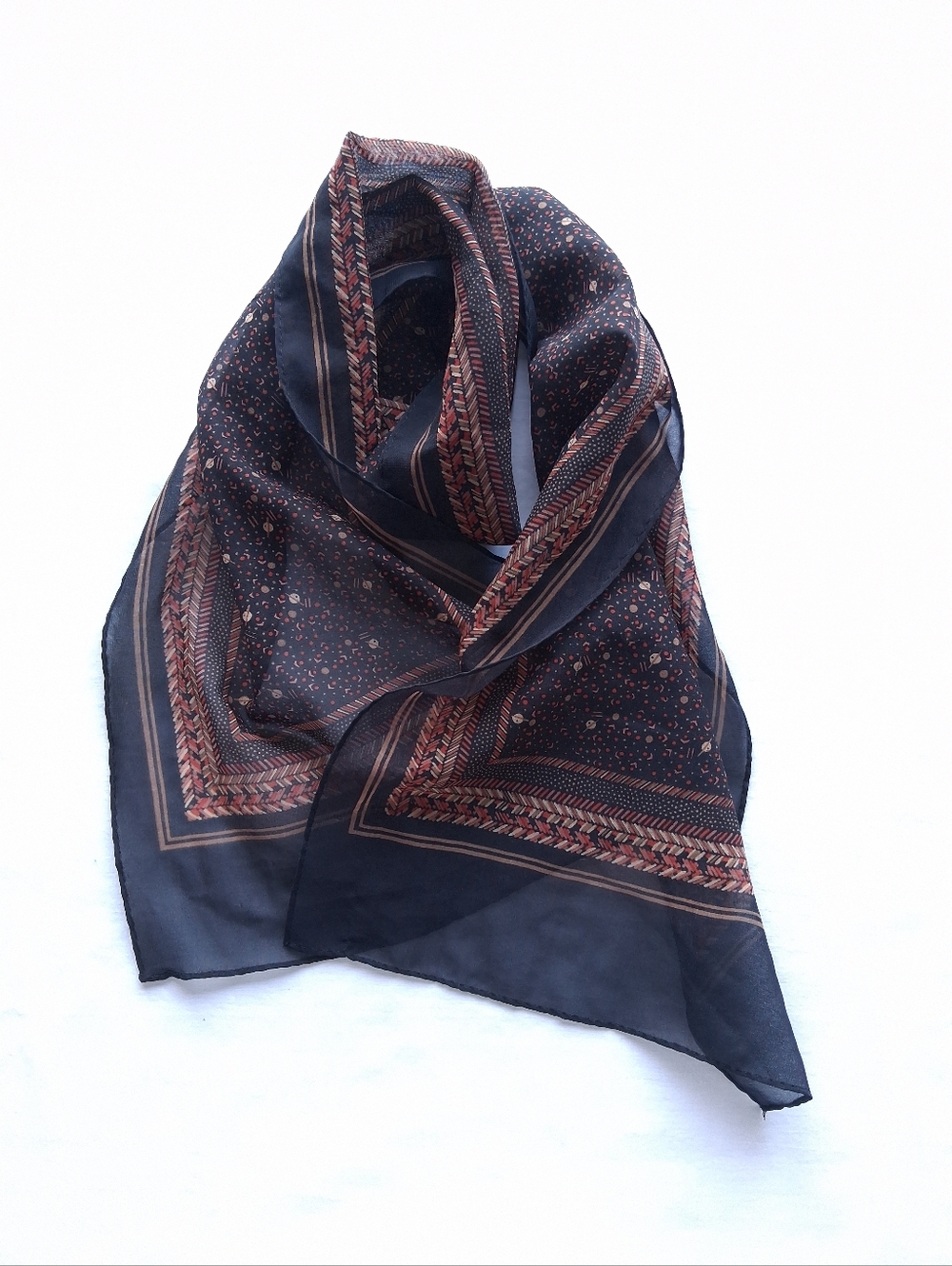 Vintage Scarf Rectangular Black Tan Red  Lightweight Sheer